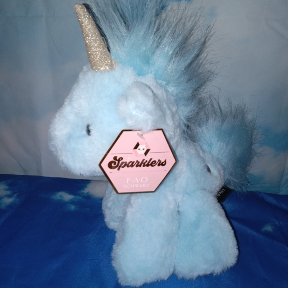 F.A.O. Schwarz Sparklers Blue Unicorn with Glitter Horn Plush - 6” New with Tag